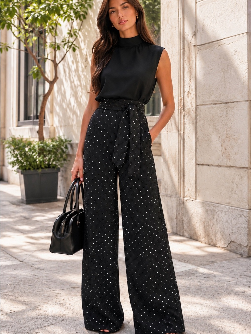 COMMENSE Polka Dot Tie-Neck Top & Wide-Leg Pants Set